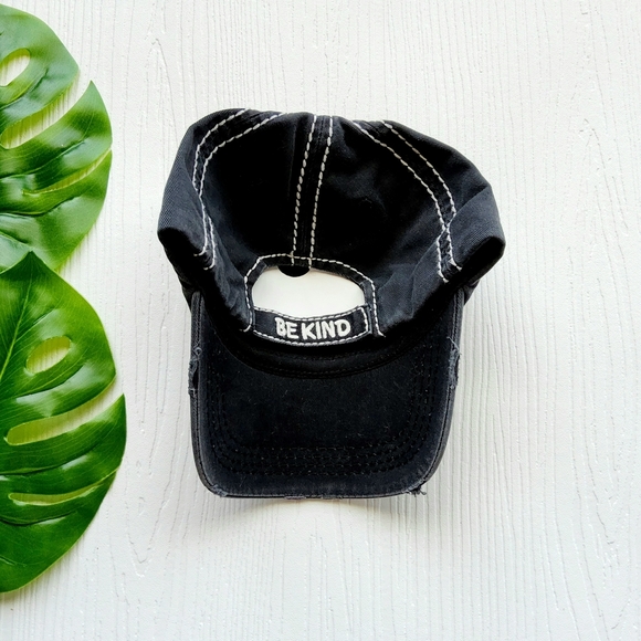 Be Kind Ball Cap NWT Vintage Black Distressed with White Stitching One Size - Picture 3 of 7